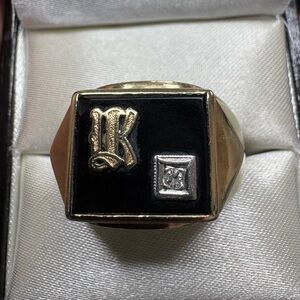 Ring Men's Black Onyx & 10K Gold Initial “K” Ring with Diamond Accent Two Tone